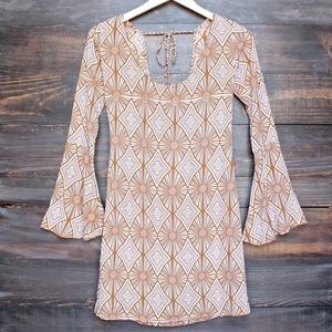 Retro Bell sleeve sand colored patterned dress